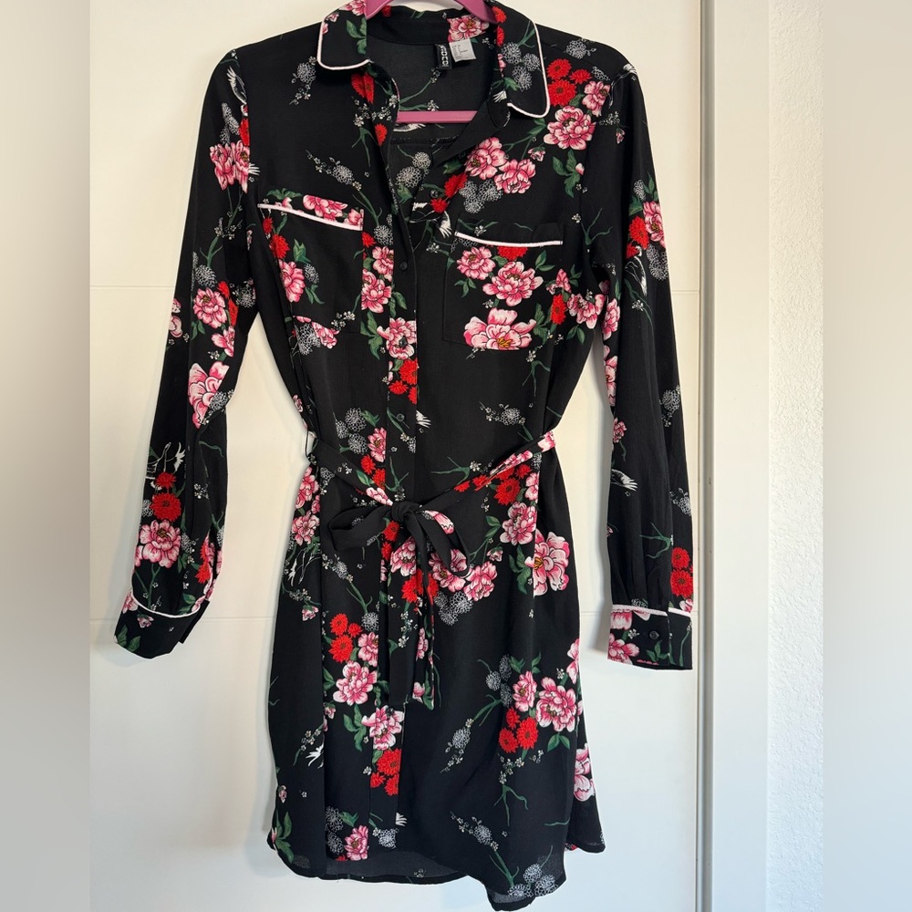 H&M Black Floral Button Front Belted Mini Dress S
